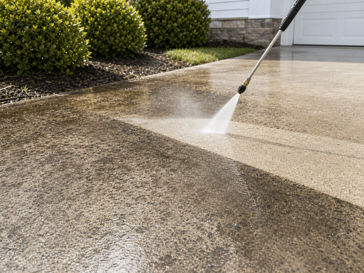 Pressure washing a concrete driveway clean stripe