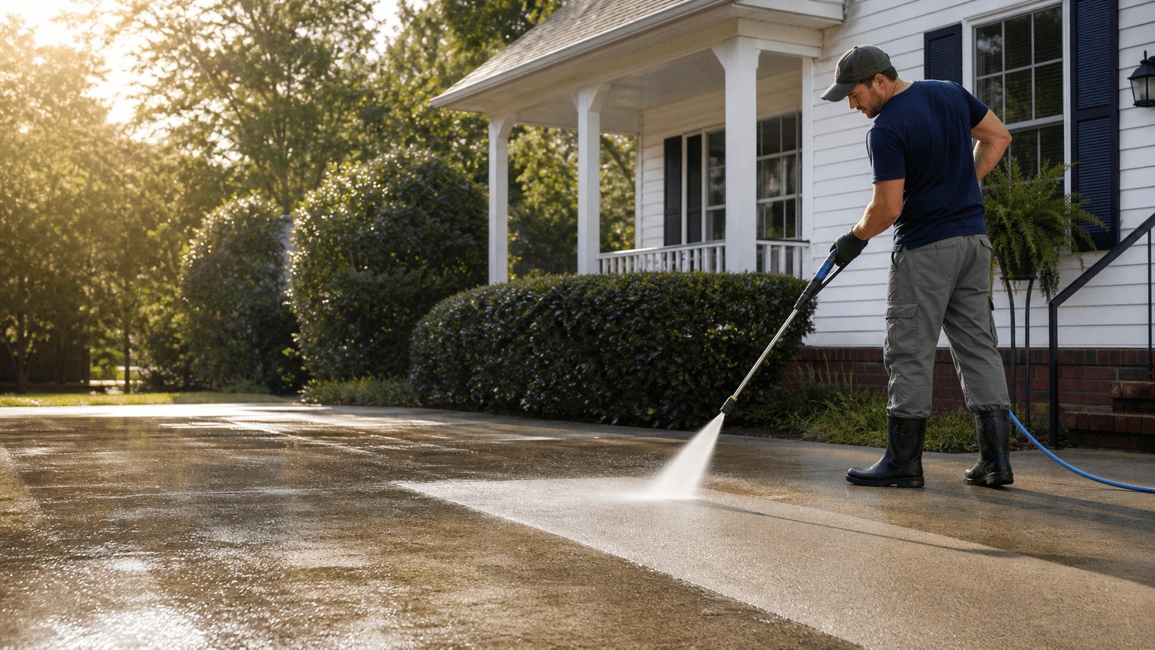 Pressure washing a residential driveway beside a Southern home