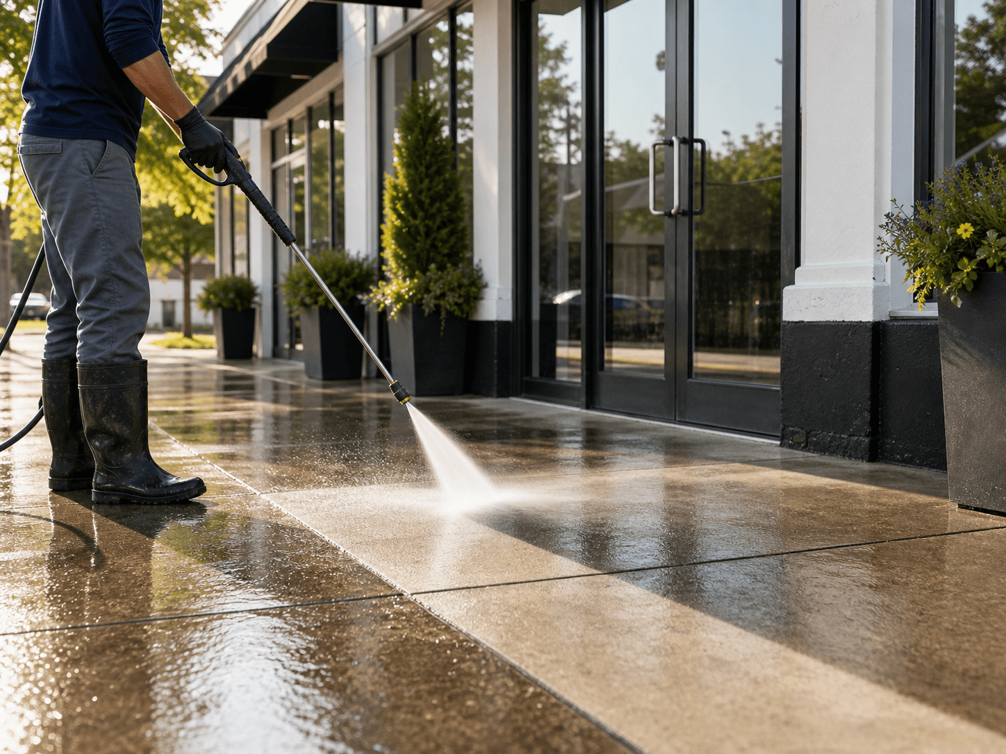 Cleaning a storefront sidewalk